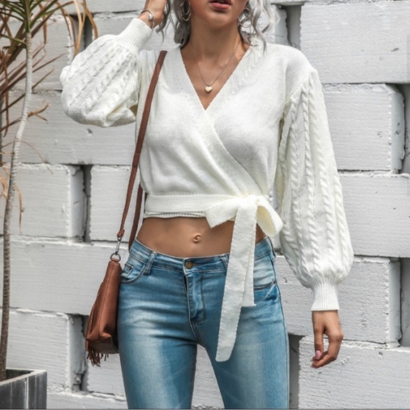 BNWT, Ivory Cropped Wrap Sweater - Picture 2 of 9